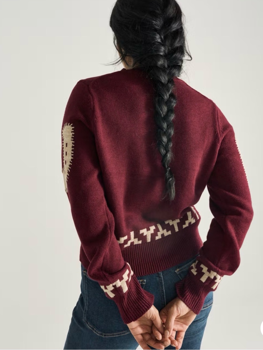 Tecovas Burgundy Crewneck Sweater with Cream Southwestern Accents - Picture 2 of 9